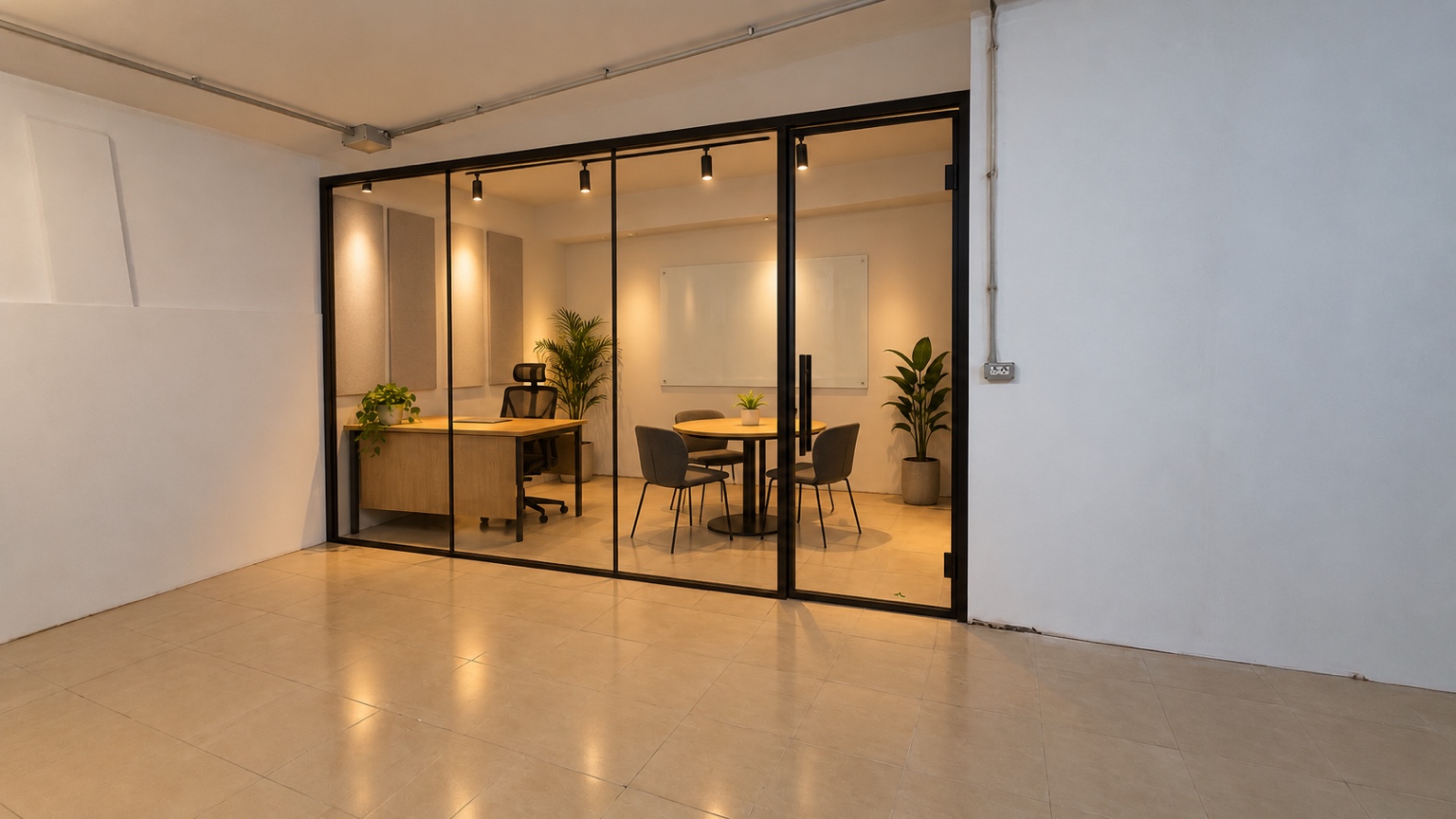 Simulación de un despacho privado con mesa de trabajo y mesa de reuniones