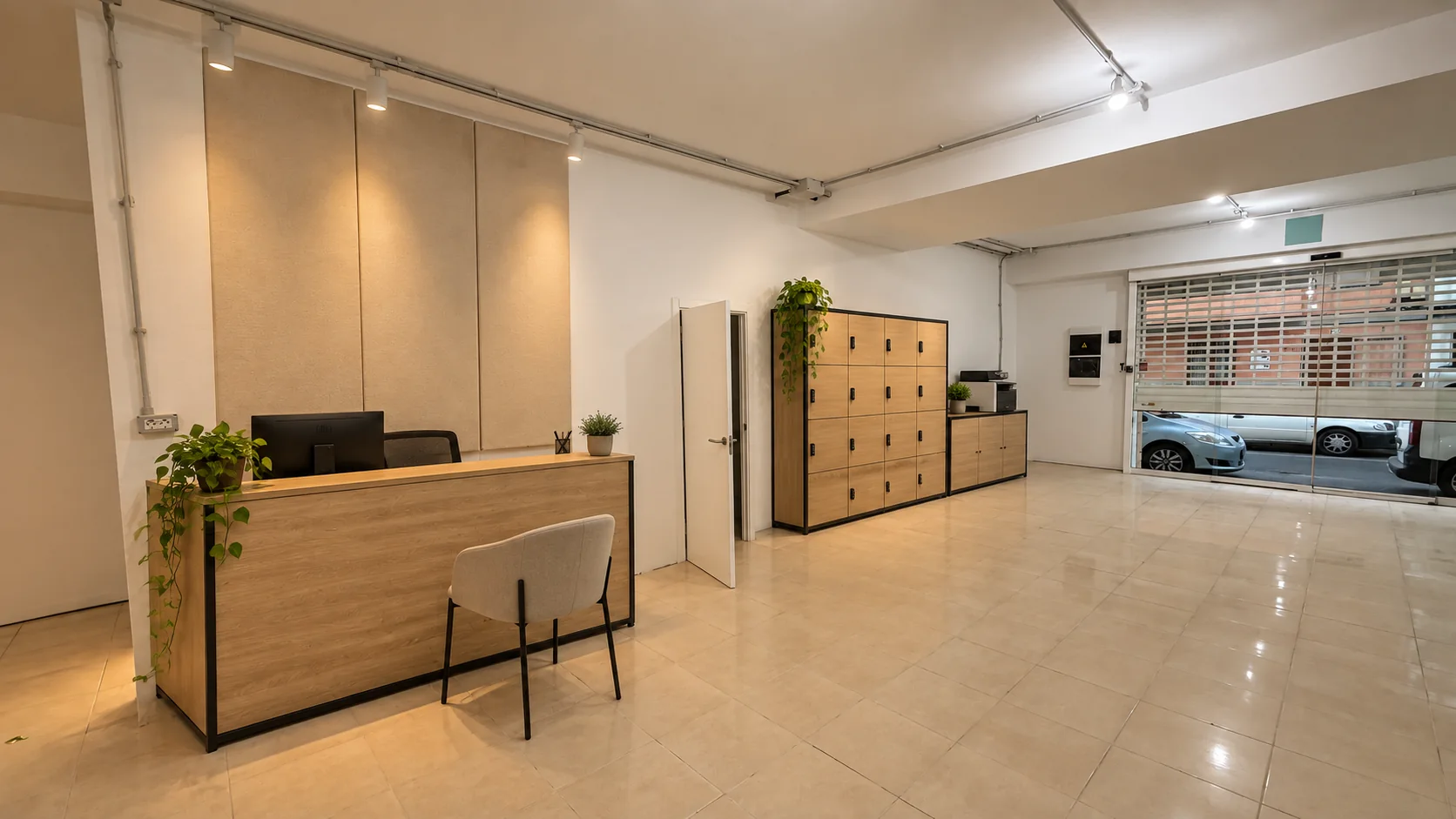 Simulación de la recepción con casilleros y zona de impresión